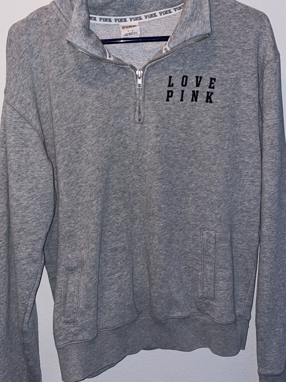 PINK Victoria's Secret Grey 'LOVE PINK' Quarter-Zip Sweatshirt